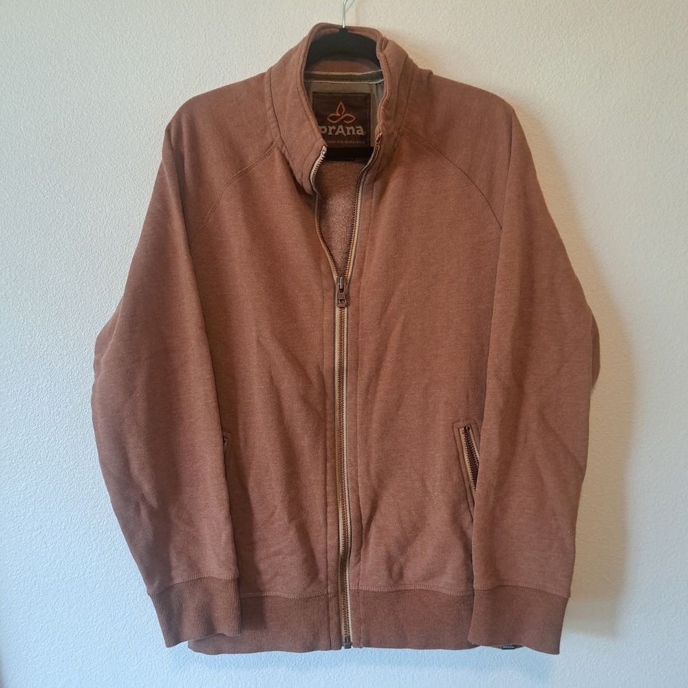 Prana Mens Full Zip Mock Neck Organic Cotton Blend‎ Sweatshirt Jacket Brown Lrg